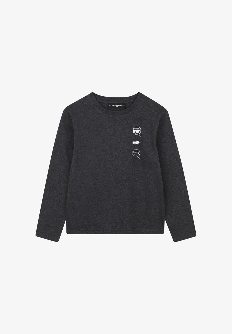 Donkergrijze long-sleeve shirt van zacht materiaal met witte grafische ontwerpen van gezichten met accessoires op de voorkant. Ronde hals en een relaxte pasvorm.