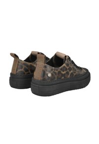 Zapatillas negras de plataforma con un upper de estampado de leopardo, que cuentan con una suela de goma, punta redonda y lengüetas de tela para facilitar su uso.