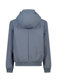 Lightweight gray hooded jacket with a rounded hood, elastic cuffs, and hem. Features a smooth texture and clean, simple lines.