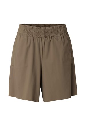 Brune shorts med elastisk midje, løs passform og enkelt design, vist på en ren hvit bakgrunn.