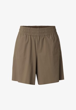 Brune shorts med elastisk midje, løs passform og enkelt design, vist på en ren hvit bakgrunn.