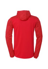 Rød hættejakke med lange æsker, lavet af et glat stof, med et struktureret design på ærmerne og elastiske manchetter.