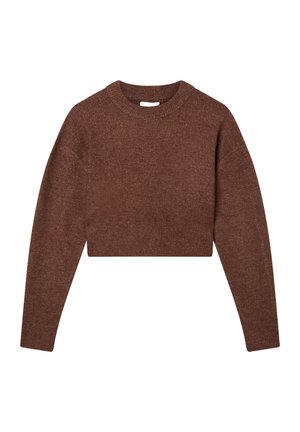 Brązowy długi rękaw dzianinowy krótki sweter z okrągłym dekoltem oraz ribbowym wykończeniem u dołu i na mankietach.