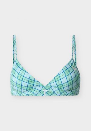 Μπικίνι τοπ με ανοιχτό πράσινο και μπλε καρό, λεπτές ρυθμιζόμενες τιράντες και ένα μικρό ασημένιο λογότυπο στο αριστερό μπούστο.