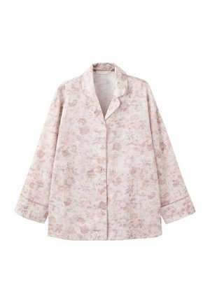 Camiseta de pijama de manga larga color rosa claro con botones, con un sutil estampado floral y cuello con muesca.
