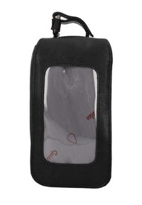 Černá kožená taštička s průhledným předním oknem a zipem na vrchu, uvnitř je šedá látka s červeným textem.