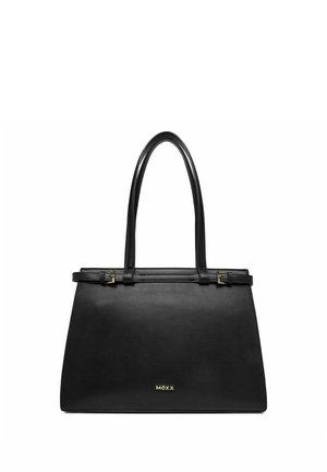 Schwarze Lederhandtasche mit zwei langen Griffen, goldenen Schnallen und kleinem goldfarbenem Mexx-Logo, das nahe am Boden zentriert ist.