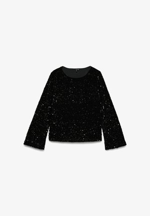 Černý top s dlouhým rukávem, kulatým výstřihem, pokrytý flitry, s texturovaným povrchem. Střih je volný a mírně zkrácený.