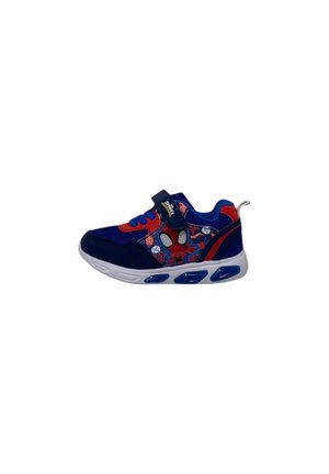Sneaker per bambini blu navy e rosso con design di Spider-Man, suola bianca, lacci elastici e chiusura con strappo in Velcro.