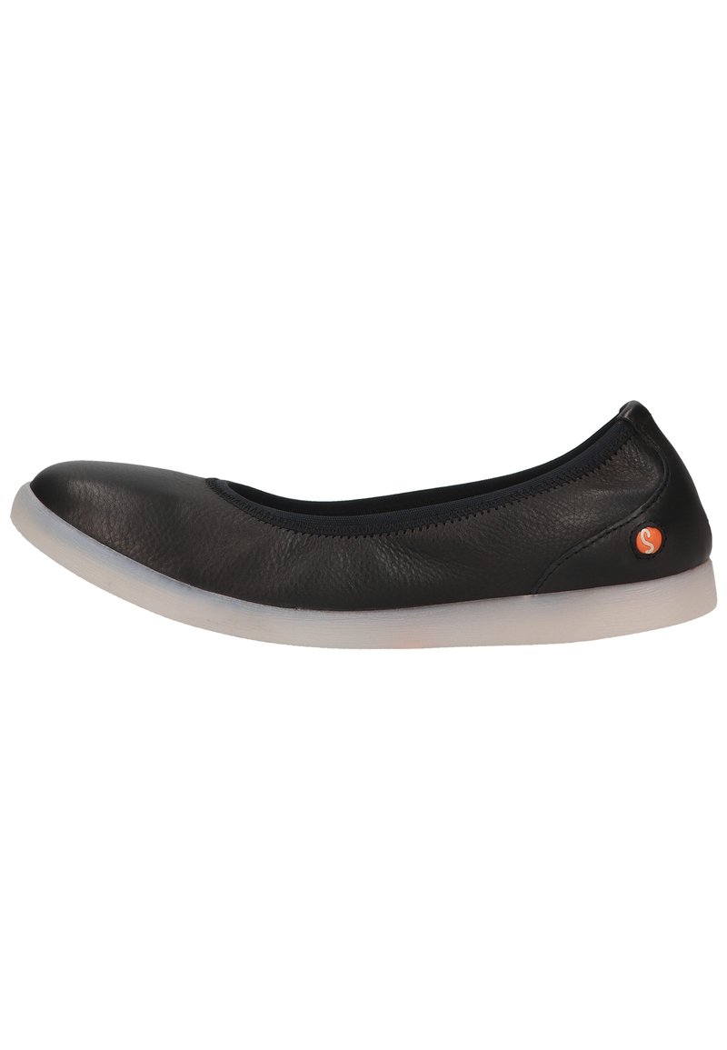 Ballet flat in pelle nera con punta arrotondata, bordo morbido e suola in gomma traslucida. Presenta un piccolo logo arancione sul lato.