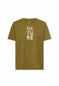 Olivezielen T-shirt z krótkim rękawem z pionowym białym napisem "NATURE" wyśrodkowanym z przodu oraz małą metką na dolnym brzegu.