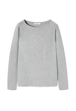 Grauer langärmeliger Sweatshirt mit weitem Ausschnitt, weicher Textur und sanft zulaufenden Ärmeln. Verfügt über einen geraden Saum und ein minimalistisches Design.
