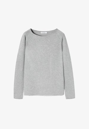 Siva dolgimi rokavi, pulover z širokim izrezom, mehkega materiala in rahlo zoženimi rokavi. Ima ravno spodnje rob in minimalen dizajn.