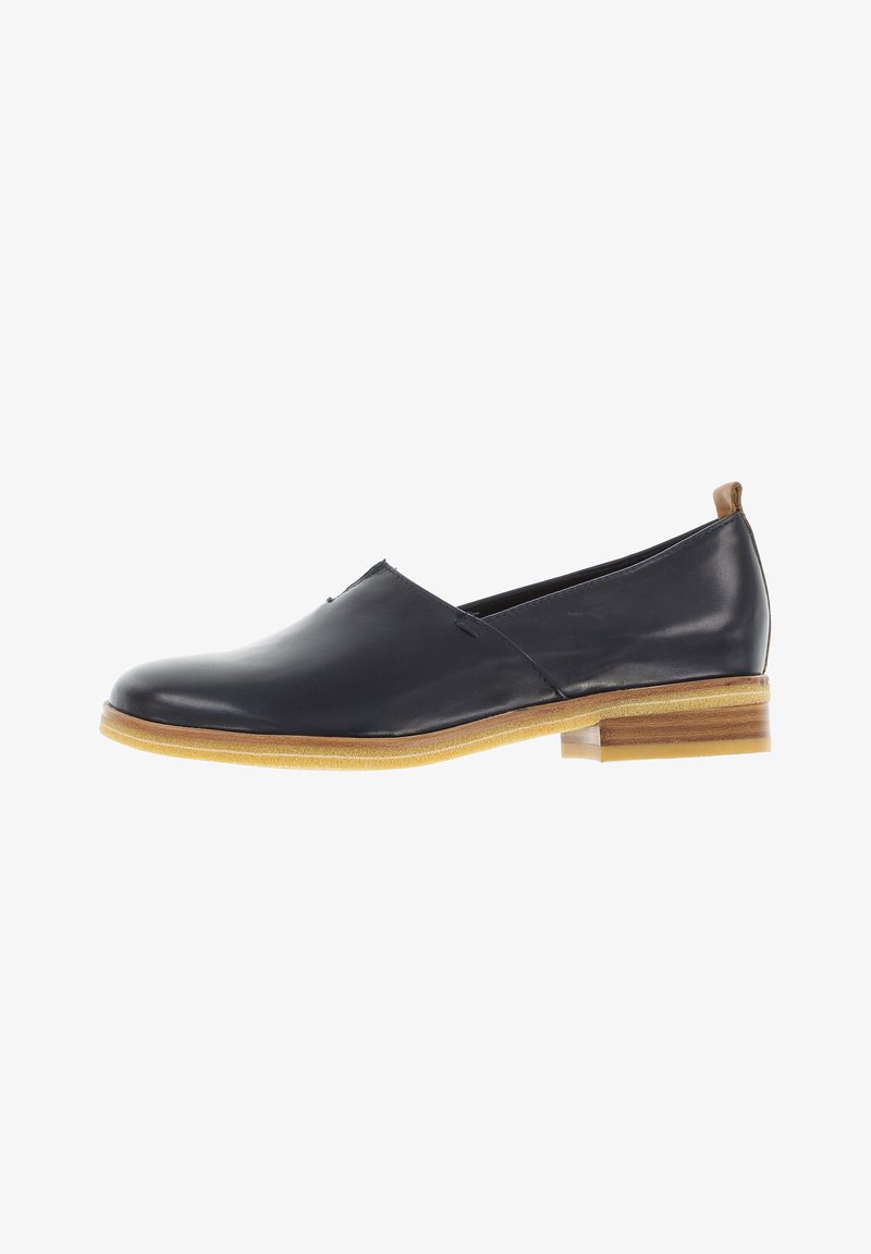 Dark navy leather slip-on shoe with a low wooden heel and a subtle stitched detail across the front panel. Textured rubber sole.