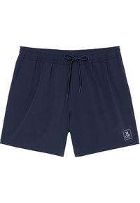 Costumi da bagno blu navy realizzati in tessuto leggero, con elastico in vita e cordino, e una piccola etichetta con logo sul lato sinistro in basso.