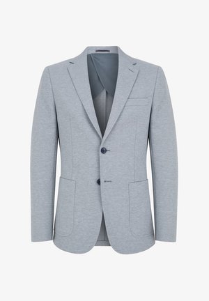 Jasnoszary żakiet z gładkiego materiału, z kołnierzem w notched, dwoma guzikami oraz dwoma przednimi kieszeniami z subtelnymi detalami szycia.