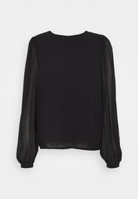 Blouse noire à manches longues bouffantes transparentes, col rond et coupe décontractée. Tissu lisse au design simple.