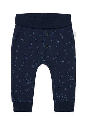Marineblaue Baumwollhose mit weichem Bund, verziert mit einem Muster aus hellblauen Vögeln und zwei schwarzen Knöpfen auf der Vorderseite. Enganliegende Knöchelbündchen.