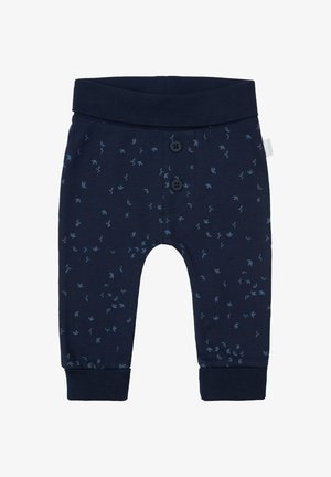 Navy cotton trousers with a soft waistband, featuring a pattern of light blue birds and two black buttons at the front. Fitted ankle cuffs.