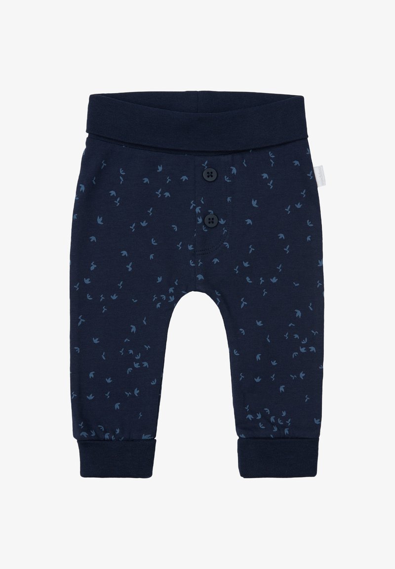 Marineblauwe katoenen broeken met een zachte tailleband, voorzien van een patroon van lichtblauwe vogels en twee zwarte knopen aan de voorkant. Aansluitende enkelboorden.