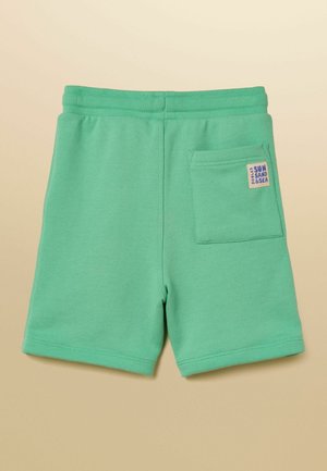 Zelené kraťasy s elastickým pasem a zadní kapsou, na které je malá štítek s nápisem "SUN SAND & SEA" a "TOULES."