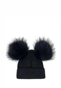 Beanie nero a maglia con risvolto, caratterizzato da due grandi pompon in pelliccia sintetica nera sulla parte superiore. Tessuto morbido con un motivo a coste.