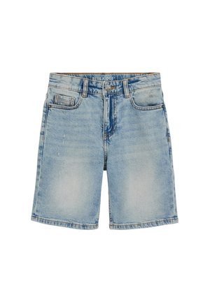 Jasnoniebieskie dżinsowe spodenki z przednimi kieszeniami, szlufkami na pasek, zapięciem na guzik i zamek błyskawiczny, z lekko wyblakłym efektem i etykietą "BLUE RIDGE" wewnątrz.