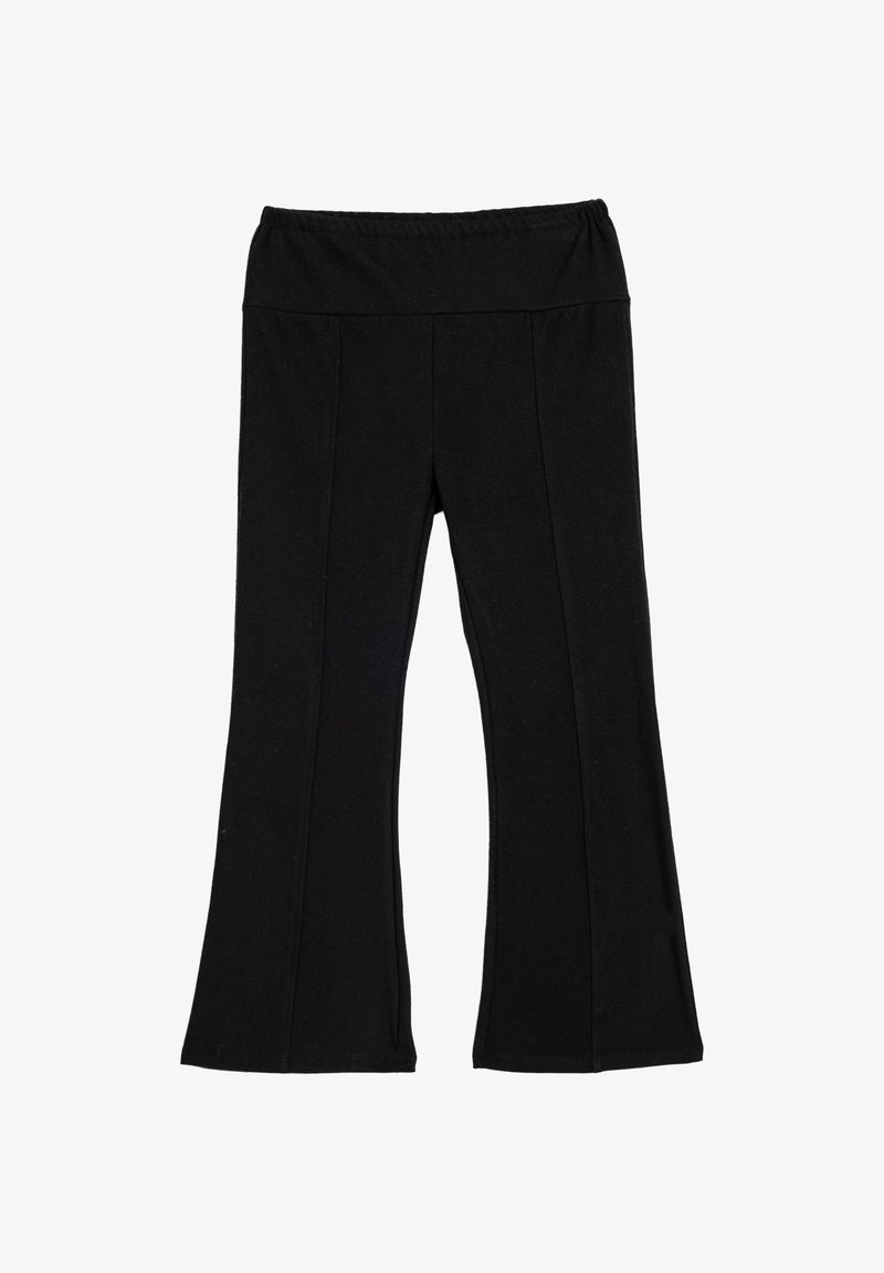 Zwarte flared broek met een elastische tailleband, gemaakt van zachte stof, voorzien van verticale naden aan de voorkant en een ontspannen pasvorm.