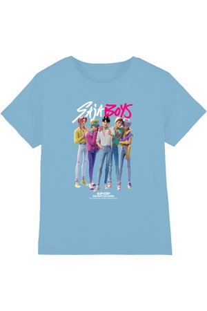 Light blue T-shirt with colorful animated characters standing together and bold text "SAJA BOYS" above, "KPOP DEMON HUNTERS" below.