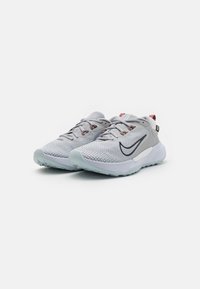 Une paire de chaussures de course Nike grises et bleu clair avec un logo noir et des accents rouges, photographiée sur un fond blanc de face.