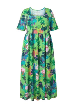 Grünes Midikleid mit kurzen Ärmeln, quadratischem Ausschnitt und buntem Blumenmuster in Lila, Pink, Blau und Gelb.