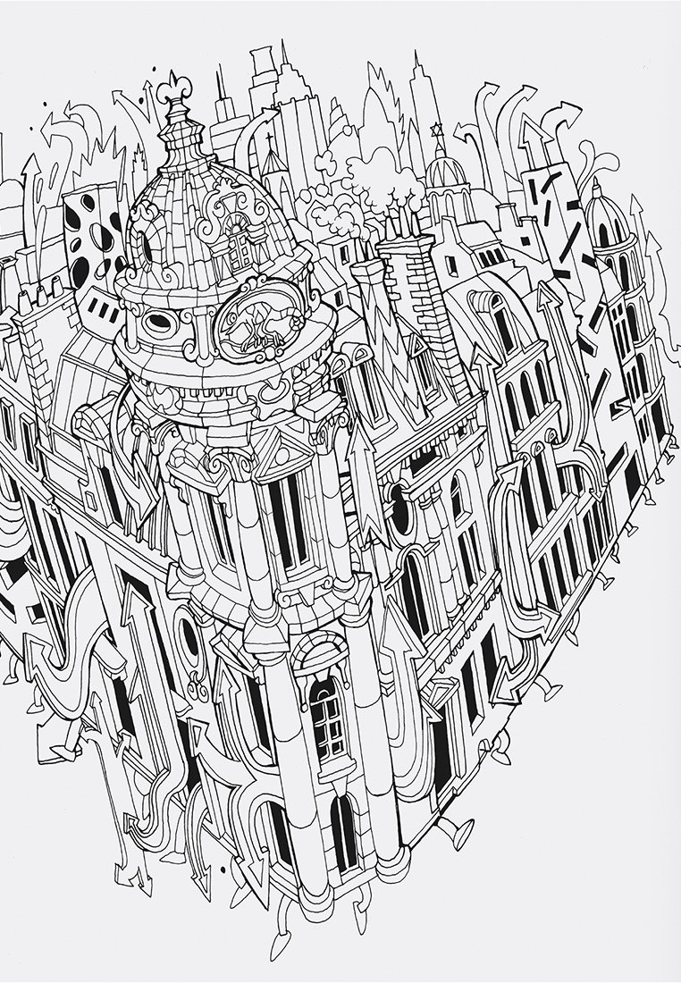 Ilustracja architektoniczna z wyjątkowymi liniami stylizowanych budynków, kopuł, okien i elementów dekoracyjnych w czerni i bieli.