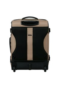 Hartschalen-Rollenreisetasche in Beige und Schwarz. Verfügt über einen ausziehbaren Griff, Mesh-Akzente und robuste Räder für eine einfache Mobilität.