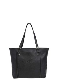Borsa a spalla in pelle nera con due manici, caratterizzata da una superficie texturizzata, dettaglio del logo sul davanti e accenti in metallo argentato.