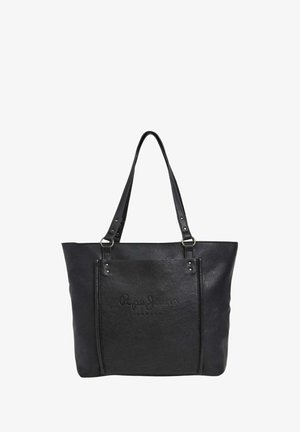 Bolso tote de cuero negro con dos asas para el hombro, con una superficie texturizada, detalle del logo en el frontal y acentos de hardware en tono plateado.