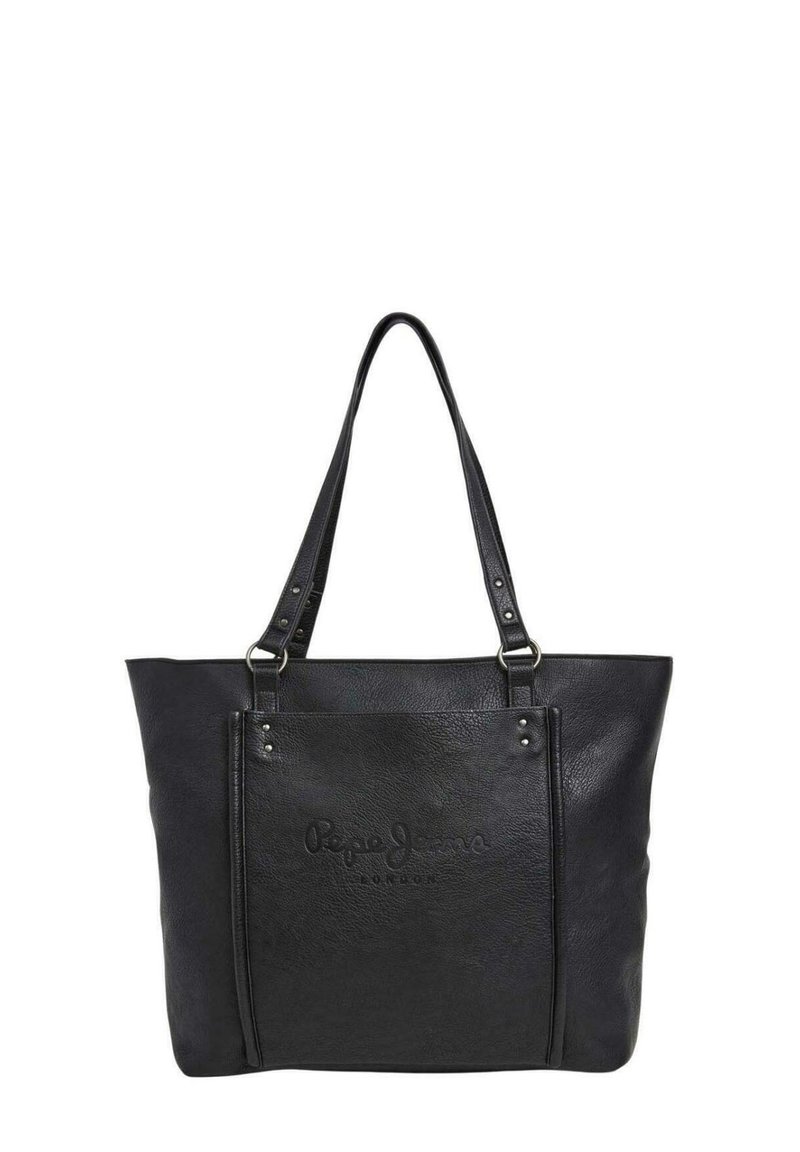 Borsa a spalla in pelle nera con due manici, caratterizzata da una superficie texturizzata, dettaglio del logo sul davanti e accenti in metallo argentato.