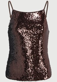 Brown sequin camisole with thin straps, featuring a shimmering texture and a fitted silhouette, reflecting light in various shades.
