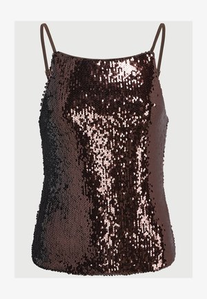 Brązowa kamizelka z cekinami na cienkich ramiączkach, charakteryzująca się połyskującą teksturą i dopasowanym krojem, odbijająca światło w różnych odcieniach.
