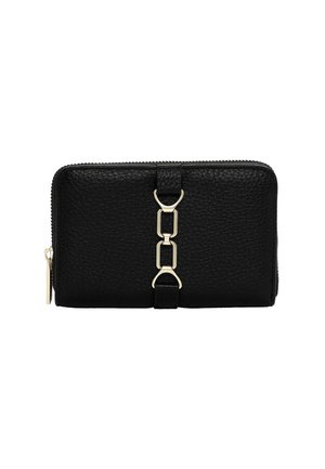 Black leather wallet with a textured surface, zip closure, and golden chain accent in the center, featuring a small zipper pull.