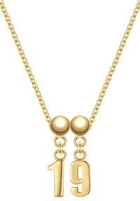 Auksinė apyrankė su grandinėle ir dviem apvaliais perlais bei pakabuku su skaičiumi "19", pabrėžianti poliruotą paviršių ir šiuolaikišką dizainą.