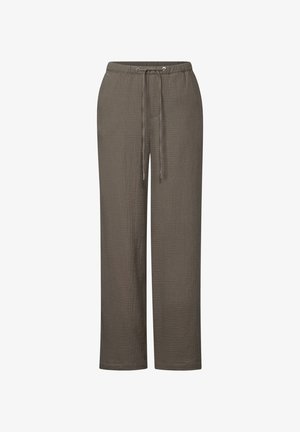 Relaxed-fit, dark olive green trousers made of textured fabric, featuring a drawstring waist and two side pockets.