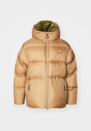 Beež pufferi jope kapuutsiga, millel on roheline vooder, lukuga esiosa ja küljetaskud. Sile, läikiv kangas koos kaunistatud mustriga.