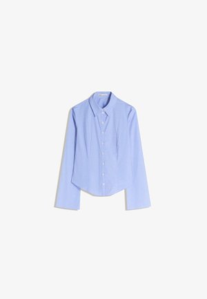 Button-up shirt with a blue and white gingham pattern, long sleeves, pointed collar, and curved hemline. Made from lightweight cotton.
