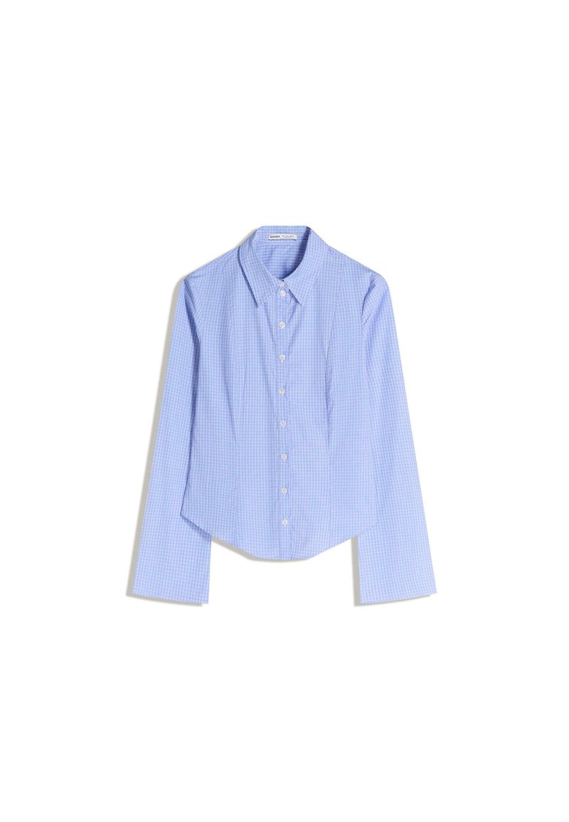 Button-up shirt met een blauw-wit geruit patroon, lange mouwen, puntige kraag en gebogen zoom. Gemaakt van lichtgewicht katoen.