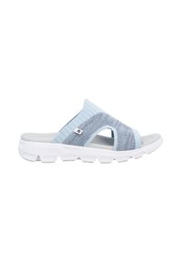 Blue and gray textile slide sandals with an open toe, featuring a textured upper, white rubber sole, and elastic accents.