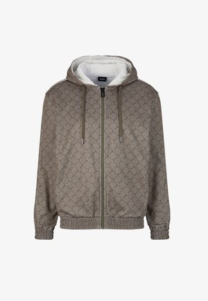 Leichte Kapuzenjacke in Taupe mit wiederholendem Muster, Frontreißverschluss, elastischen Bündchen und Saum sowie einem atmungsaktiven weißen Futter.