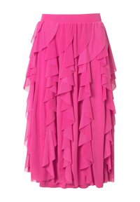 Falda rosa de varias capas con volantes, fabricada en tejido ligero, con una cinturilla suave y una silueta fluida.