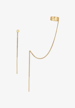 Kulta sävyinen korvakoru-setti, joka sisältää teksturoituneen renkaan, ketjun ja ohuen tanko-maan. Yksinkertainen muotoilu kiiltävällä pinnalla ja monimutkaisella yksityiskohdalla.