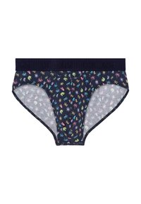 Marinefarbene Damenunterhosen aus weichem Stoff, mit einem bunten, verspielten Muster aus Blättern und Formen auf einem dunklen Hintergrund.