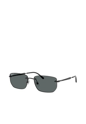 Sorte kantfri rektangulære solbriller med tynde metalarme og justerbare næsepuder, Ray-Ban-logo på glasset og stellet.